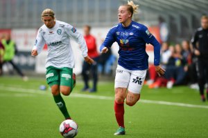 Marie Dølvik Markussen under toppseriekampen i fotball mellom Vålerenga og Klepp på Intility Arena. Resultatet ble 1-1. Foto: Morten Mitchell Larød / Sportfoto