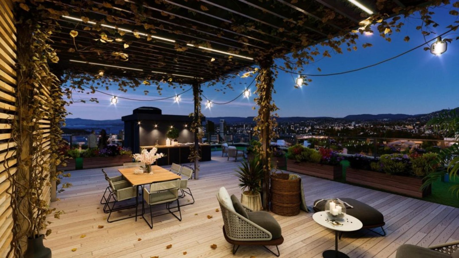 Takterasse på Ensjø Torg med utsikt over Oslo.